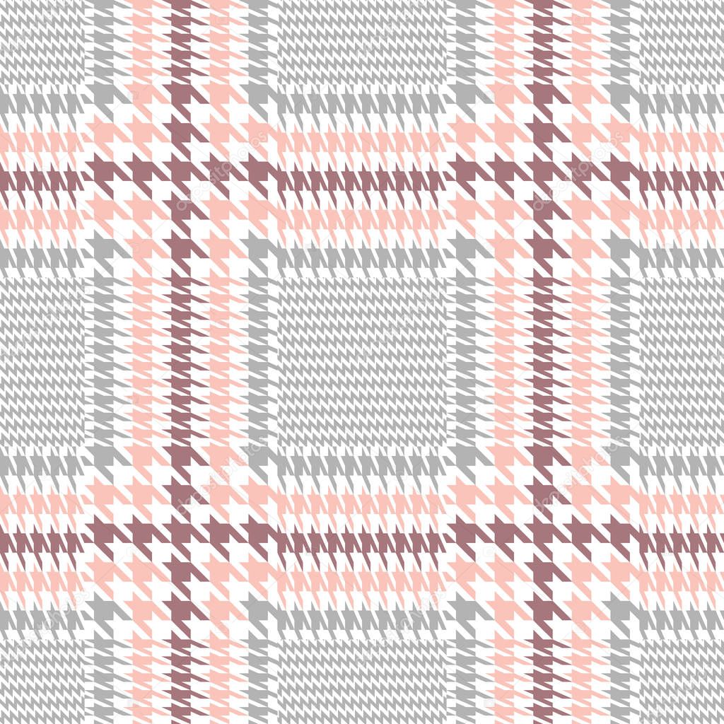 Classical checkered irregular hounds tooth print with English motifs. Seamless vector pattern with grey and beige geometric elements. 