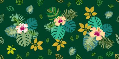 Tropikal yaprak ve Zümrüt arka plan üzerinde pembe çiçek.