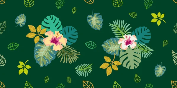 Feuilles tropicales et fleurs roses sur fond émeraude . — Image vectorielle