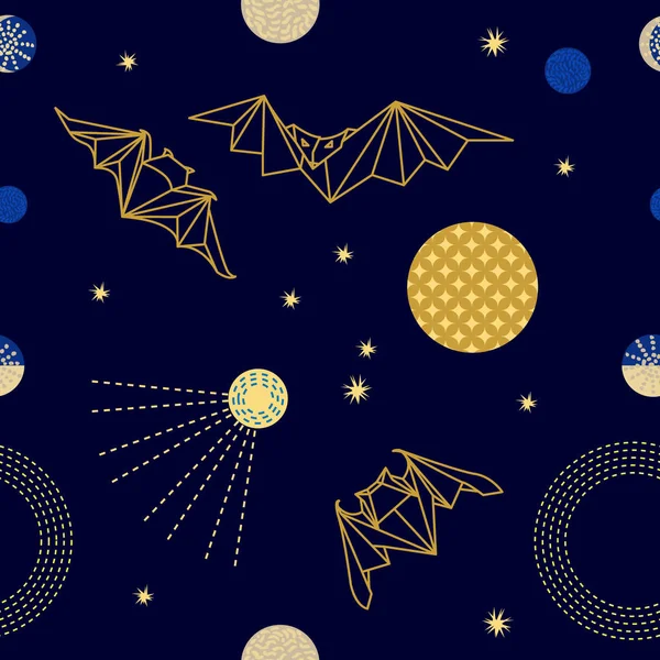 Origami de fantasía en el cielo oscuro. Patrón vectorial sin costuras con murciélagos de papel, estrellas y constelaciones . — Vector de stock