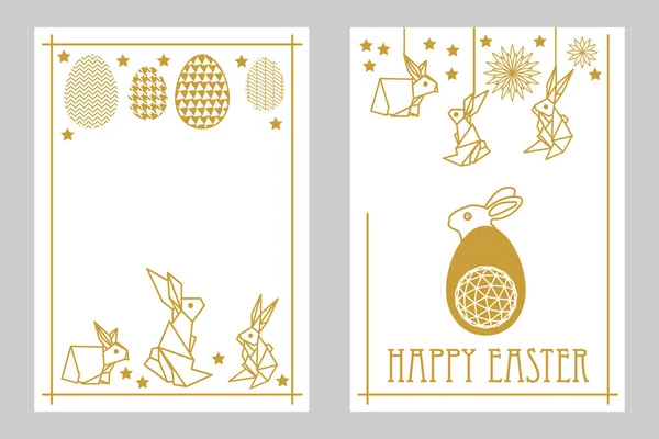 Feliz Pascua con conejos y huevos adornados. Blanco y dorado . — Vector de stock
