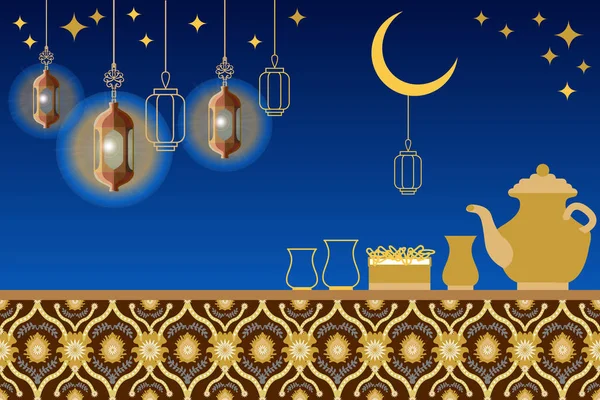Cartão de saudação do partido Iftar. Comida, bebida, lua crescente, estrelas, lanternas orientais e ornamentos em fundo azul escuro . — Vetor de Stock