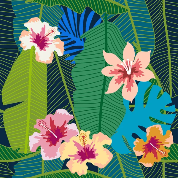 Grön tropisk bakgrund med bananblad och blommor. — Stock vektor