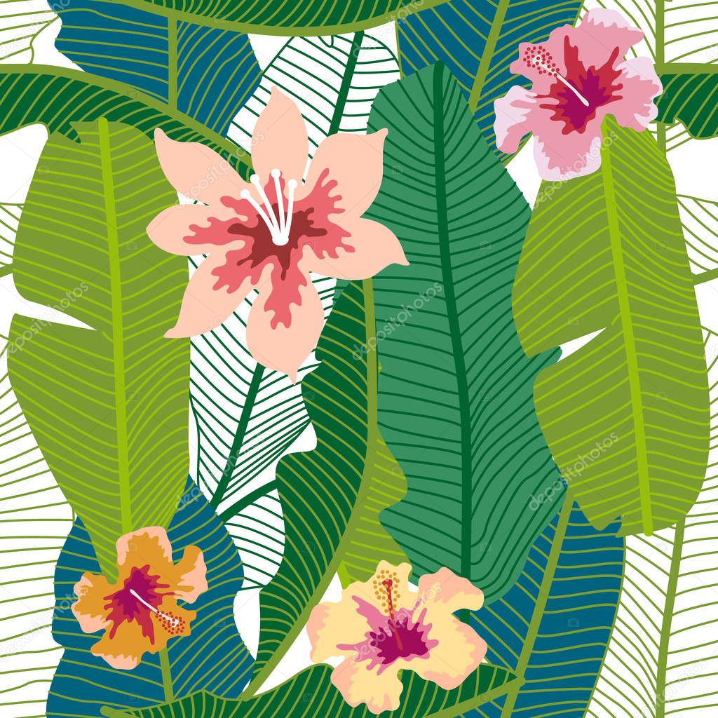 Green tropical background with banana leaves and flowers.