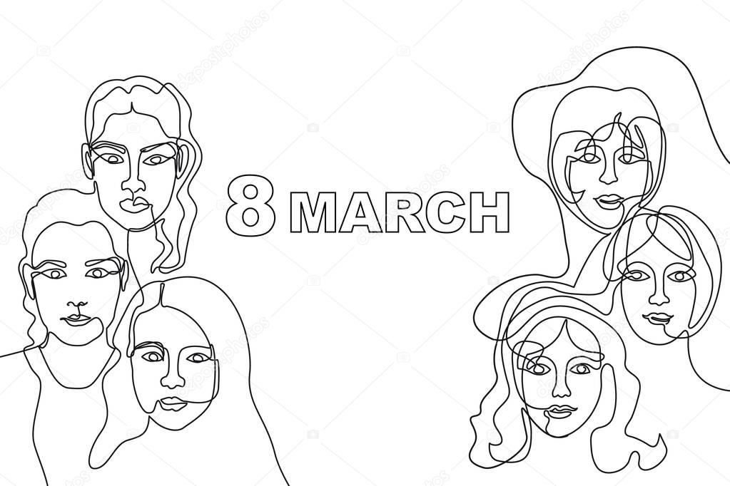 Happy International Women's Day card. Continuous line drawing. 
