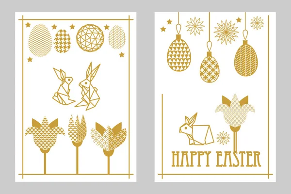 Felices tarjetas de Pascua con liebres, tulipanes florecientes y huevos ornamentados . — Vector de stock
