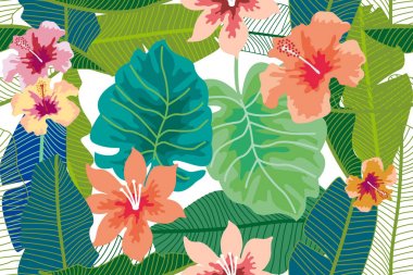 Monstera, palmiye ve muz yaprakları ve çiçekleri ile renkli tropikal arka plan. 