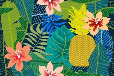 Monstera, palmiye ve muz yaprakları ve çiçekleri ile renkli tropikal arka plan. 