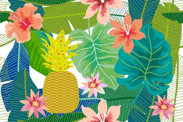 Färgglada tropiska bakgrunden med monstera, palm och banan blad och blommor. — Stock vektor