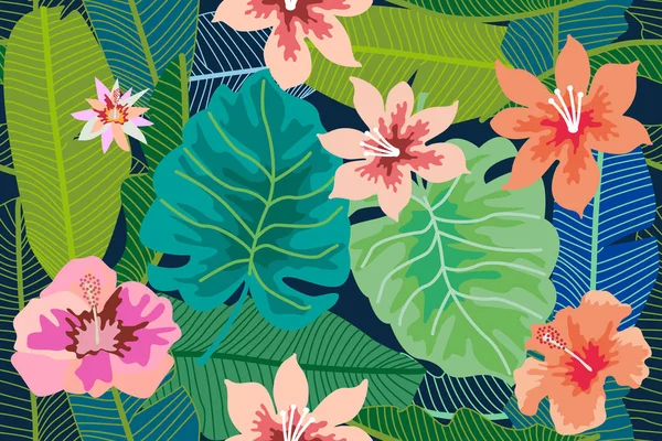 Fundo tropical colorido com monstera, folhas de palma e banana e flores . —  Vetores de Stock