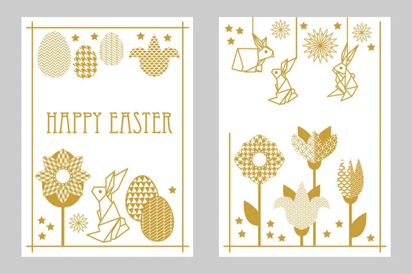Feliz Pascua con conejo, tulipanes florecientes, flores silvestres y huevos ornamentados . — Vector de stock