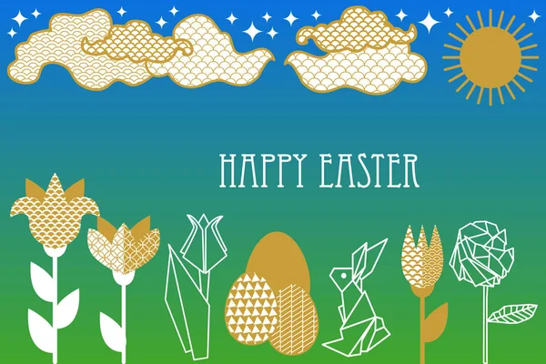 Feliz cartão de Páscoa com coelho, flores da primavera florescendo, nuvens e ovos ornamentados . — Vetor de Stock