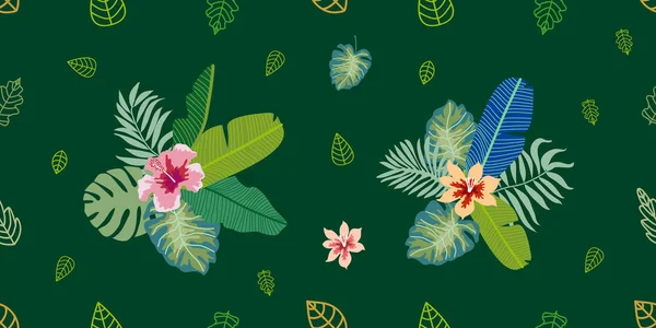 Palmiye yaprakları ve koyu yeşil zemin üzerine egzotik çiçekler. — Stok Vektör