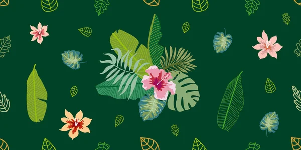 Hojas de palma y flores exóticas sobre fondo verde oscuro . — Vector de stock