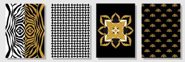 Siyah, beyaz ve altın A4 kümesini kapsar. Damalı deseni, zambak, soyut çiçek ile arka plan. 