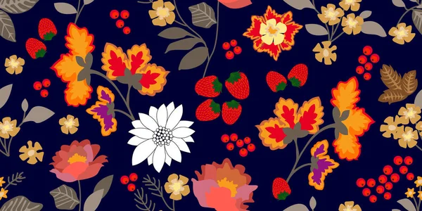 Färgglada blomstra gränsen med gypsy motiv. Sömlös blommönster med blommande blommor, rowan och blad. — Stock vektor