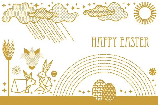 Feliz tarjeta de Pascua con liebre, flores florecientes de primavera, arco iris, sol, nubes y huevos ornamentados . — Vector de stock