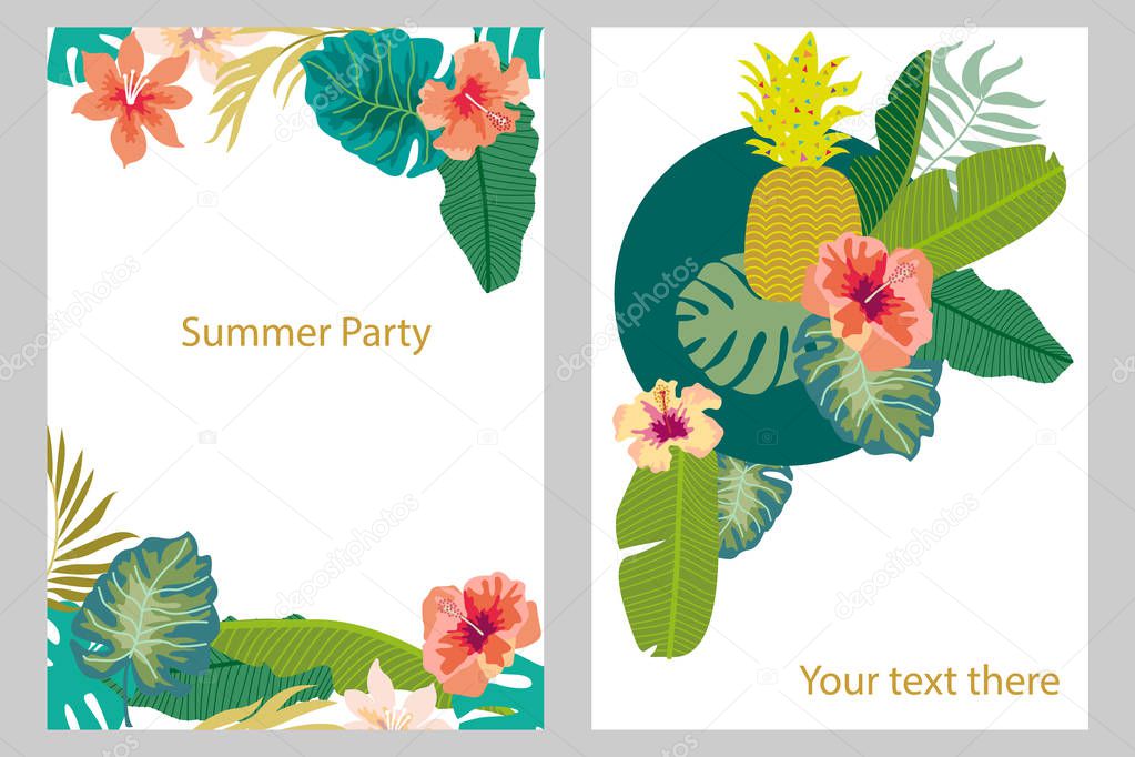 Set of cards with tropical plants. Palm and banana leaves, fruits, flowers. 