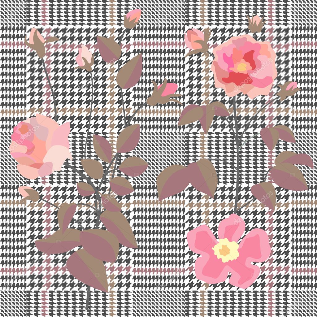 Trendy checkered  print with embroidered roses. Seamless hounds tooth pattern with English motifs.  