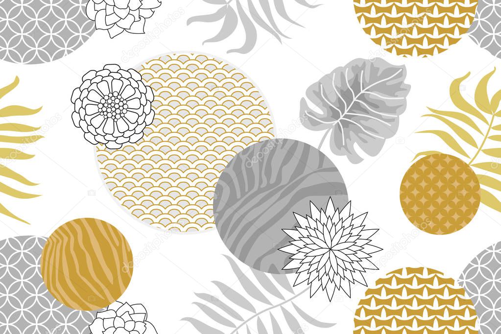 Golden and silver floral pattern with Japanese motifs. Minimalism style. 