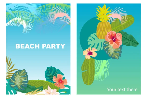 Beachparty Karten Set. Retro-Design mit Palmblättern, tropischen Blüten und buntem Himmel. — Stockvektor