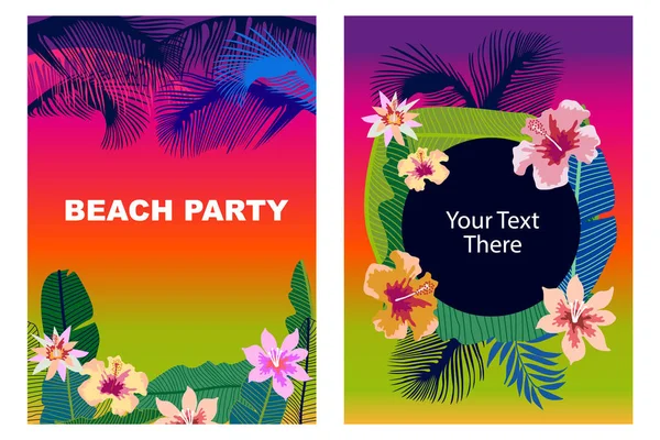 Conjunto de tarjetas Beach Party. Diseño retro con hojas de palmera, fowers tropicales y cielo colorido . — Vector de stock