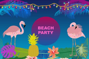 Beach Party kartı. Retro tasarımı ile palmiye yaprakları, tropik fowers ve pembe flamingolar. 
