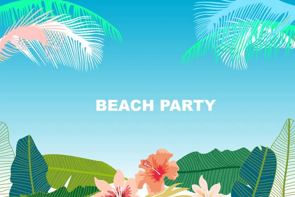 Beach Party card. Retro design with  palm leaves, tropical fowers and pink flamingos. — Stock Vector