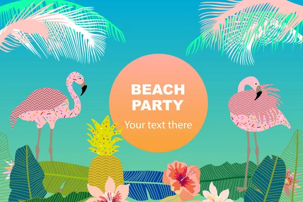 Beach Party card. Retro design with  palm leaves, tropical fowers and pink flamingos. — Stock Vector