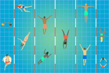 Bir grup insan, farklı yaş, cinsiyet ve milletlerden yüzme havuzunda.  