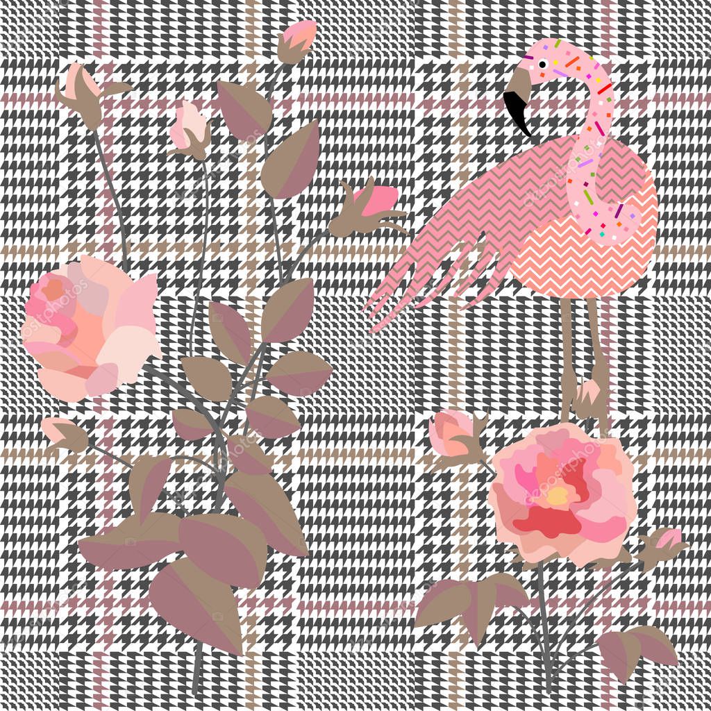 Trendy checkered  print with embroidered roses and pink flamingo. Seamless hounds tooth pattern with English motifs. 