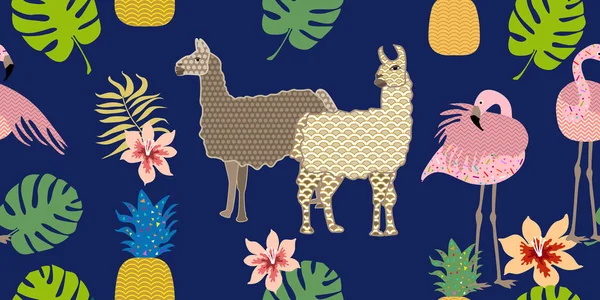 Δημιουργικά αποτύπωμα ζώου. Απρόσκοπτη διάνυσμα μοτίβο με llamas, φλαμίνγκο και λουλούδια. — Διανυσματικό Αρχείο