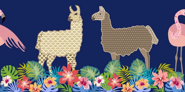 Impresión animal creativa. Patrón vectorial sin costuras con llamas, flamencos y flores . — Vector de stock