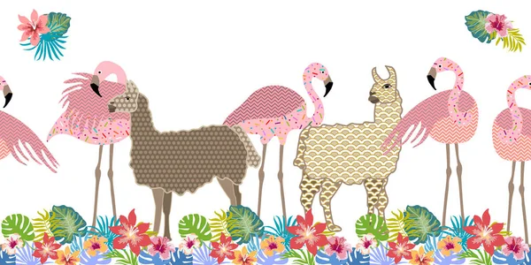 Impresión animal creativa. Patrón vectorial sin costuras con llamas, flamencos y flores . — Vector de stock