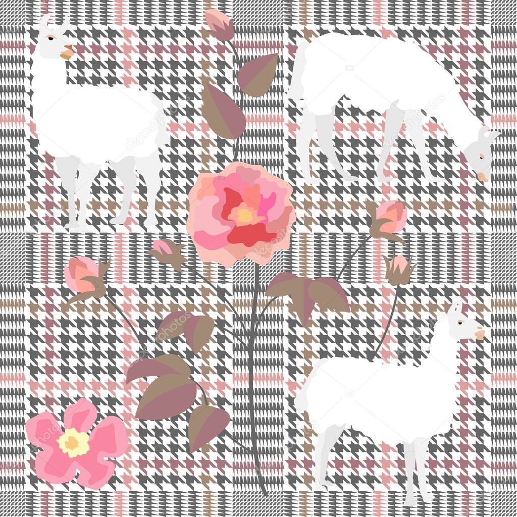 Trendy checkered  print with embroidered roses and llamas. Seamless hounds tooth pattern with English motifs. 
