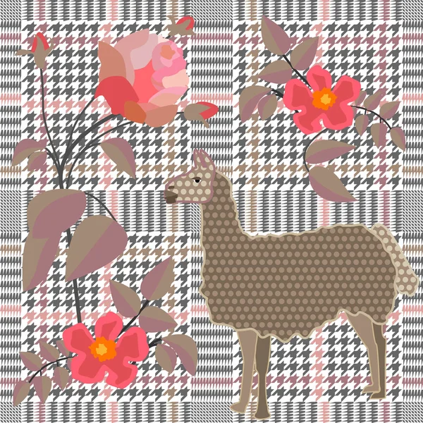 Μοντέρνο Καρό εκτύπωσης με κεντητά τριαντάφυλλα και llamas. Απρόσκοπτη κυνηγόσκυλα δόντι μοτίβο με Ελληνικά μοτίβα. — Διανυσματικό Αρχείο