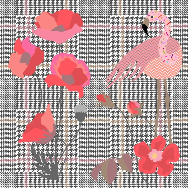 Trendy checkered  print with spring poppies and flamingo. Seamless hounds tooth pattern with English motifs. — Stock Vector