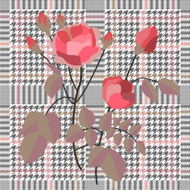 Retro style checkered  print with embroidered roses. Seamless hounds tooth pattern with Victorian motifs.  clipart