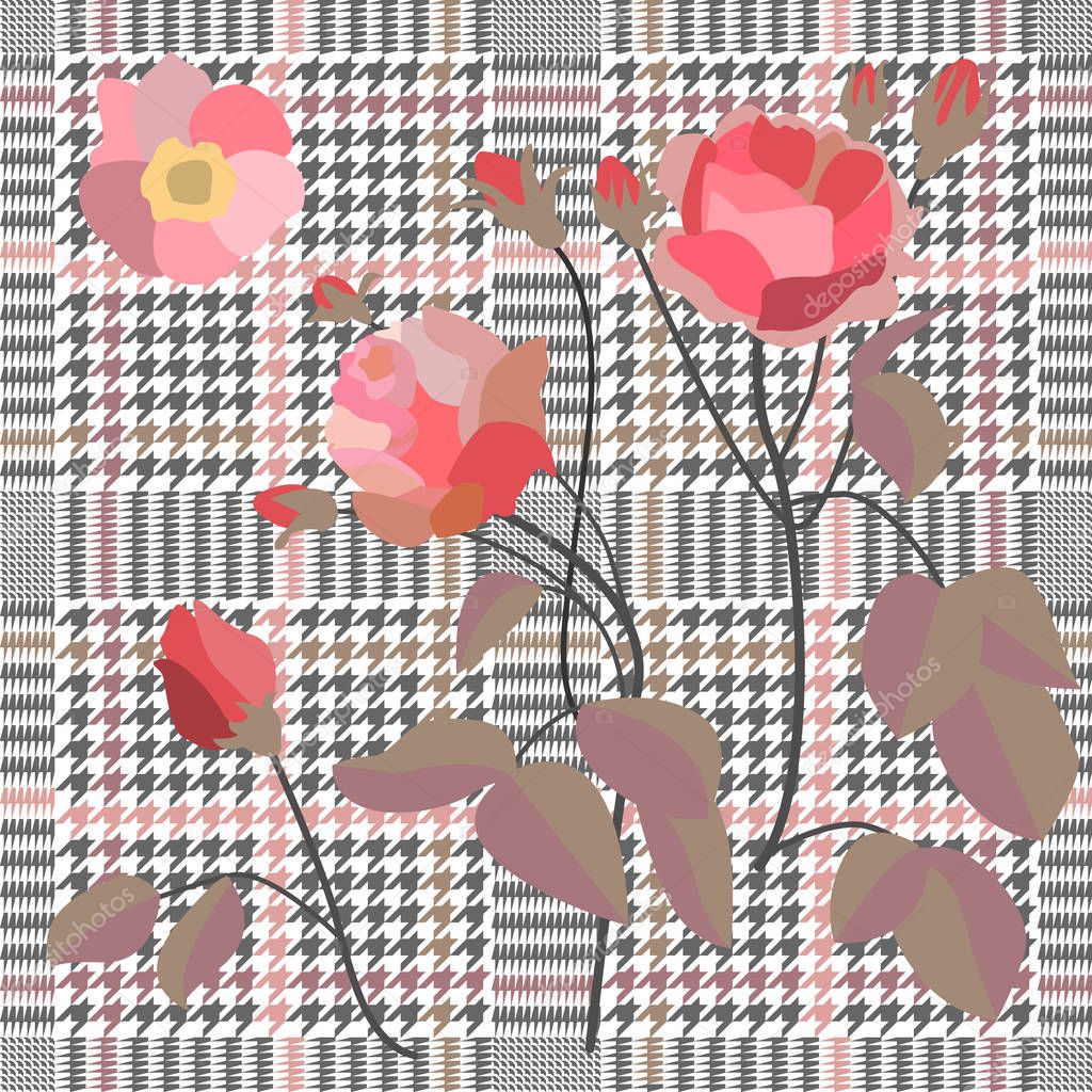 Retro style checkered  print with embroidered roses. Seamless hounds tooth pattern with Victorian motifs. 