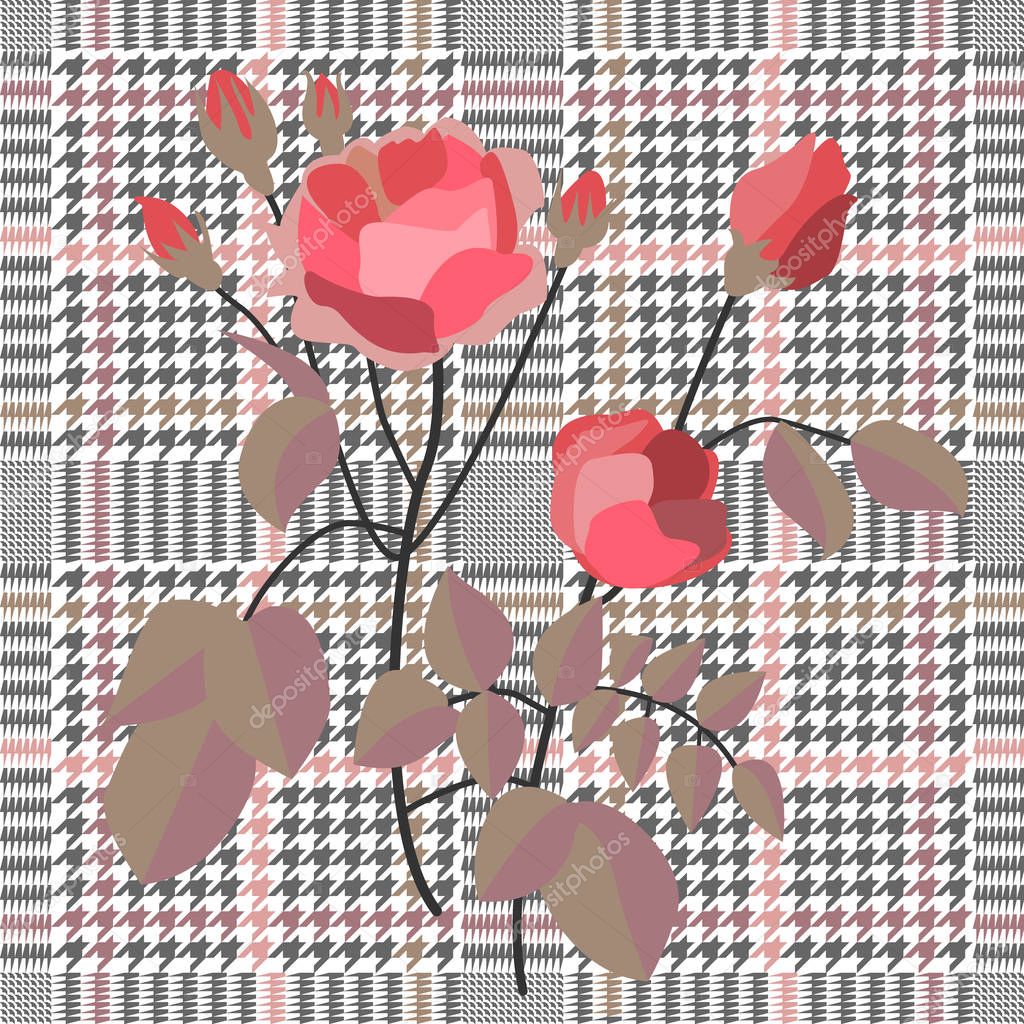 Retro style checkered  print with embroidered roses. Seamless hounds tooth pattern with Victorian motifs. 
