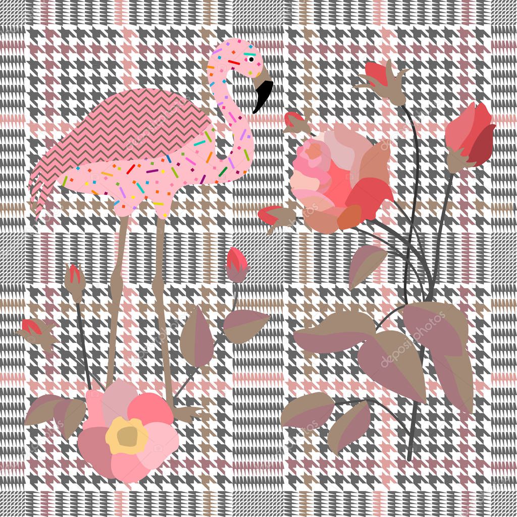 Trendy checkered  print with embroidered red roses and flamingo. Seamless hounds tooth pattern with English motifs. 