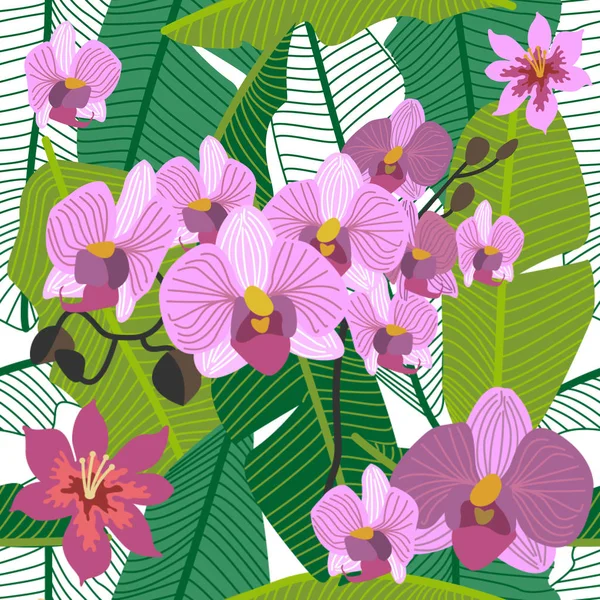 Fond tropical vert avec des orchidées en fleurs et des feuilles de palmier . — Image vectorielle