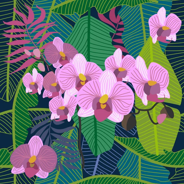 Fondo tropical verde con orquídeas florecientes y hojas de palma . — Vector de stock
