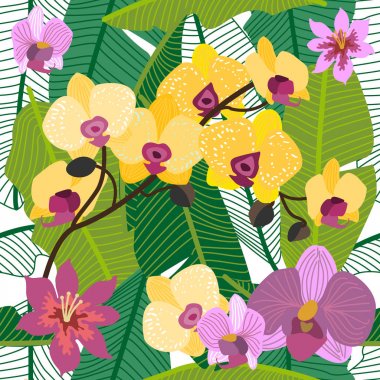 Çiçek sarı ve mor orkideler ve palmiye yaprakları yeşil tropikal arka plan. .