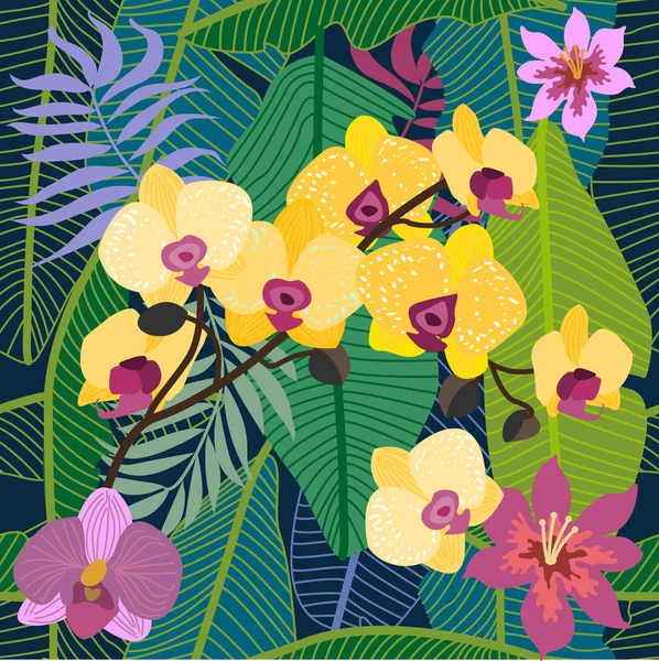 Fondo tropical verde con flores de orquídeas amarillas y púrpuras y hojas de palma . . — Vector de stock