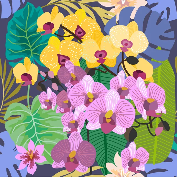 Green tropical background with blooming yellow and purple orchids and palm leaves. . — Stock Vector