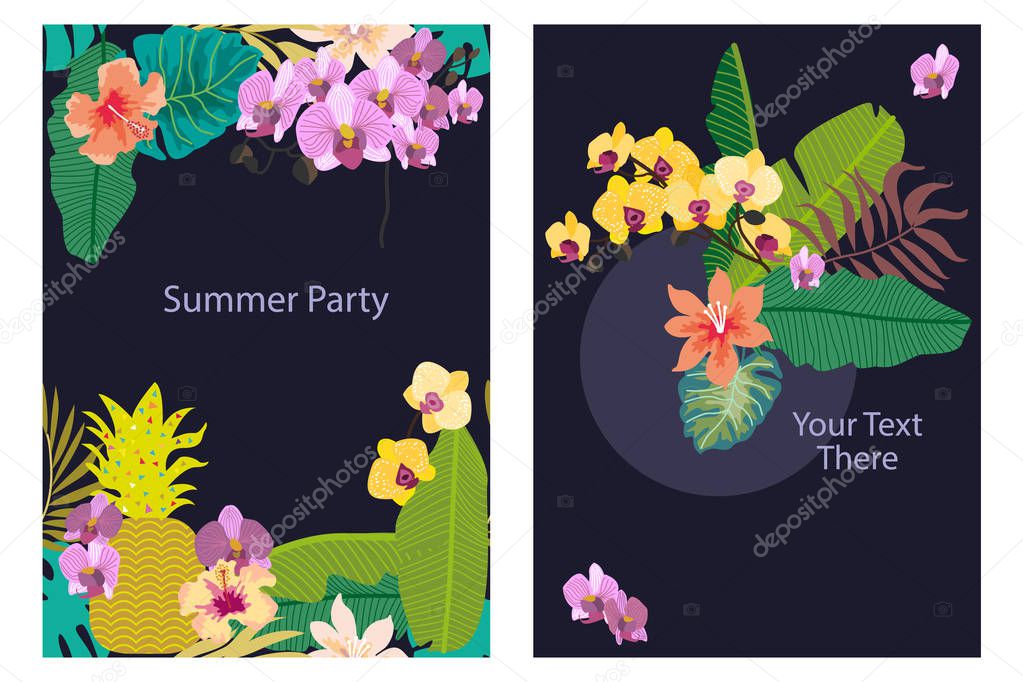 Set of cards with tropical plants on contrast background. 