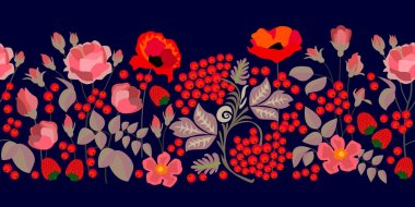 Rus tarzı çiçek Yazdır. Kırmızı gül, haşhaş, çilek, rowan ve yapraklarda siyah arka plan ile sorunsuz vektör sınır.