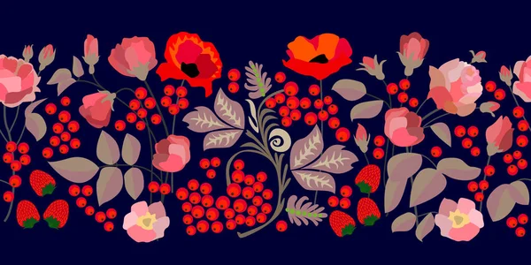 Blumenmuster im russischen Stil. nahtloser Vektorrand mit roten Rosen, Mohn, Erdbeeren, Eberesche und Blättern auf schwarzem Hintergrund. — Stockvektor