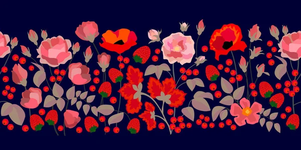 Blumenmuster im russischen Stil. nahtloser Vektorrand mit roten Rosen, Mohn, Erdbeeren, Eberesche und Blättern auf schwarzem Hintergrund. — Stockvektor